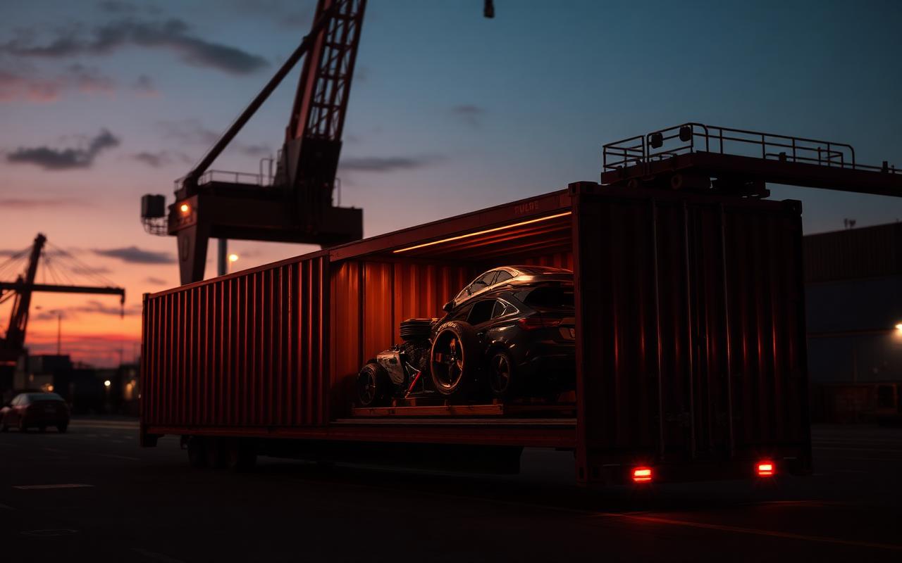 Contenedor con repuestos automotrices siendo cargado en puerto